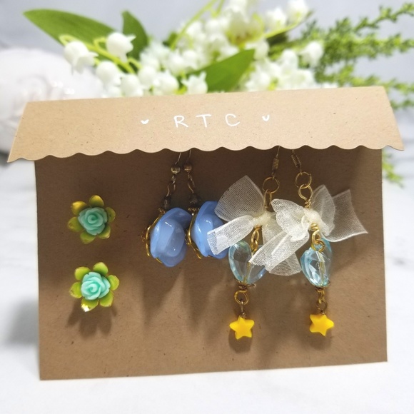 Handmade Cute Blue Rose Dangle & Studs Earring Set - Picture 3 of 3